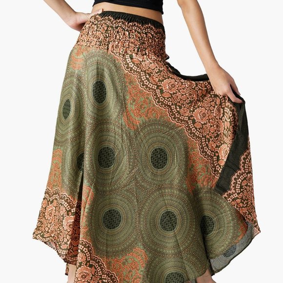 B BANGKOK PANTS Long Maxi Skirt Boho Gypsy Hippie Green Floral (One Size Fits) - Picture 6 of 6